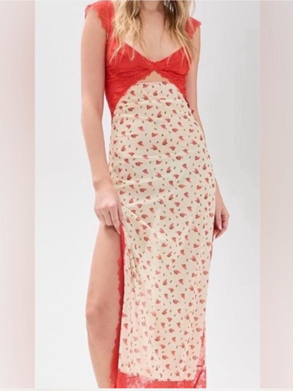 FREE PEOPLE SUDDENLY FINE FLORAL LACE SLIP MAXI DRESS SIDE SLIT NWT SZ XS